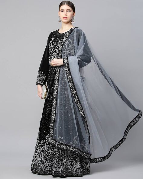 Buy LAALZARI Black Gown With One Side Ruffle Sleeves online