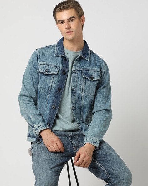 Buy SHOWOFF Mens Spread Collar Blue Solid Denim Jacket online