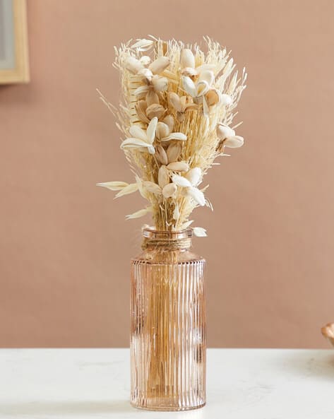 Home Centre Texture Cylindrical Glass Vase with Petal Flowers