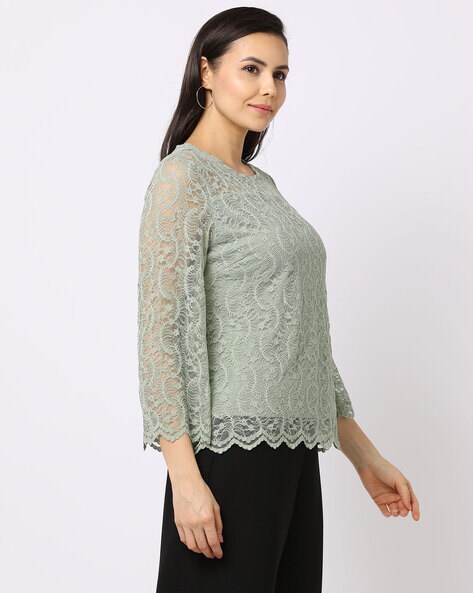 Green lace tops with sleeves best sale