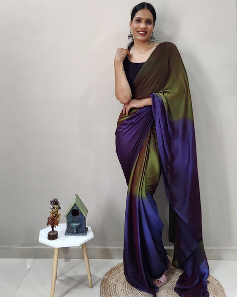 Two Tone Green Plain Ready to Wear Silk Saree WITH BLOUSE - WHITE FIRE -  3844660