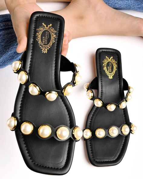 Valentino // Black Leather Embellished Flat Sandal – VSP Consignment