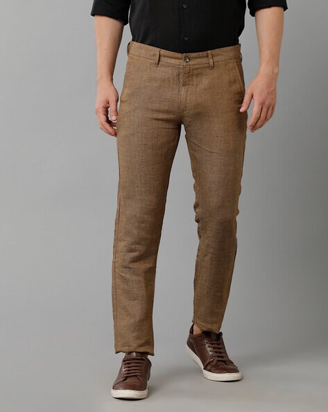 linen club brown flat front flat front slim fit trousers