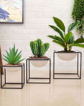 Set of 3 Metal Cube Base Planters Stand with Pots