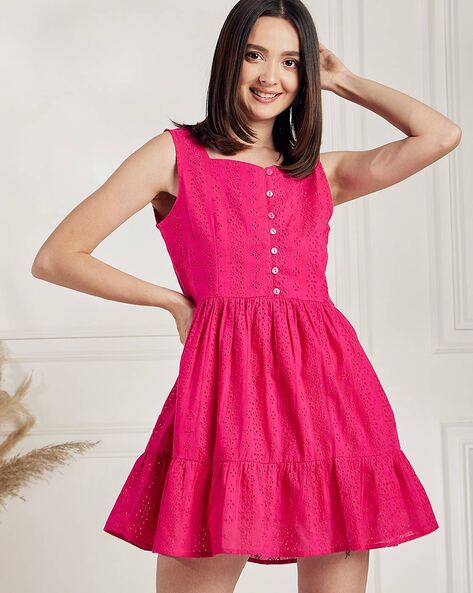 Dark Pink Sleeveless A-Line Dress With Embroidery