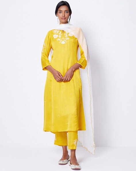 Chrome yellow kurta with ethnic style delicate embroidery and gold gota  kingri finishing. Pair with white pants to complete the look.… | Instagram