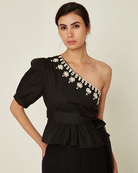 Embroidered One-Shoulder Top