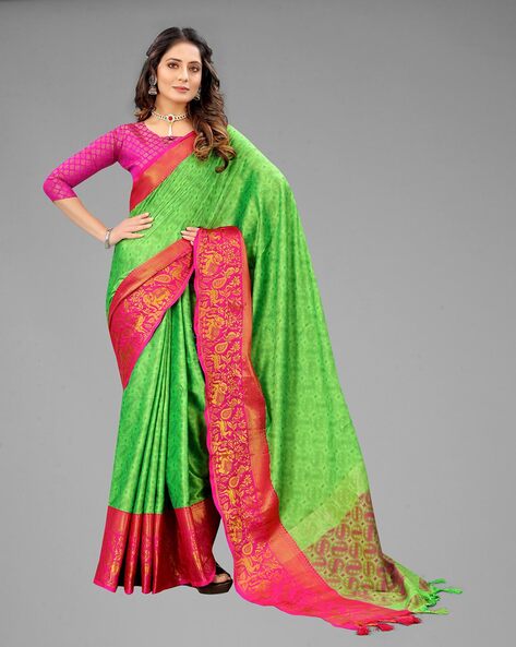 Banarasee Kota Checks Saree With Floral Buta & Border Design-Green & P