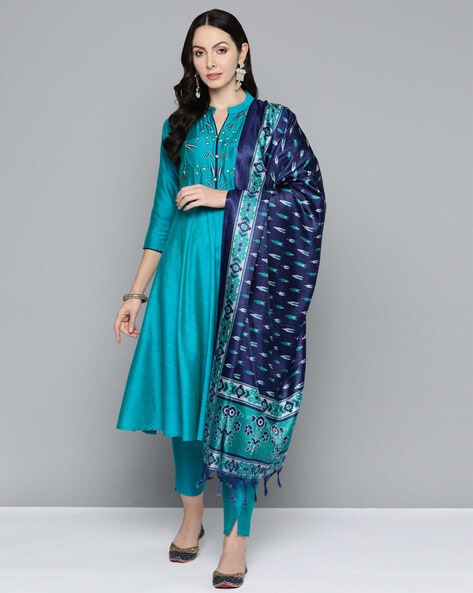 Embroidered A-Line Kurta with Palazzos & Dupatta 