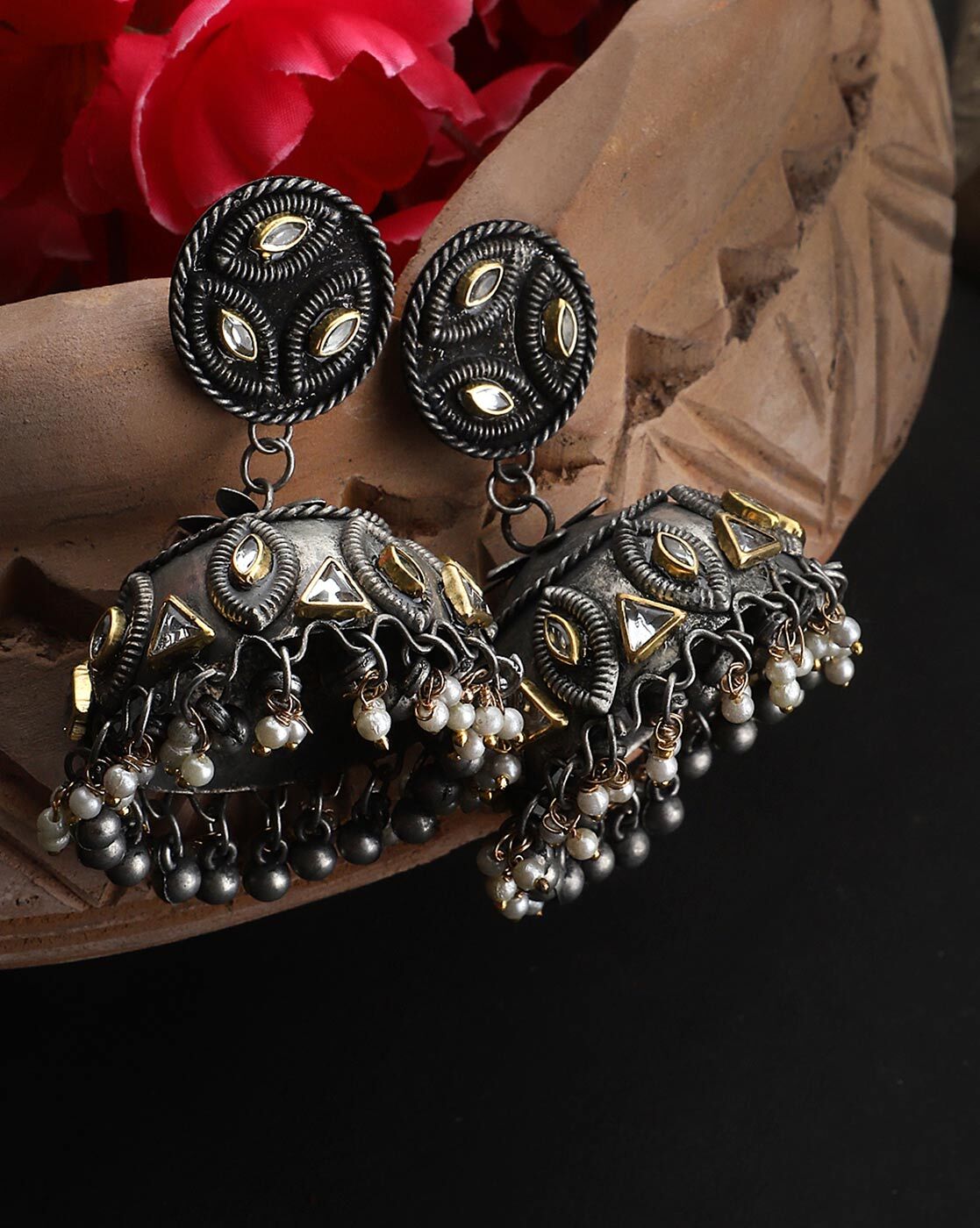 Round Stud Black Metal Oxidised Jhumka Earrings – The Shopping Tree
