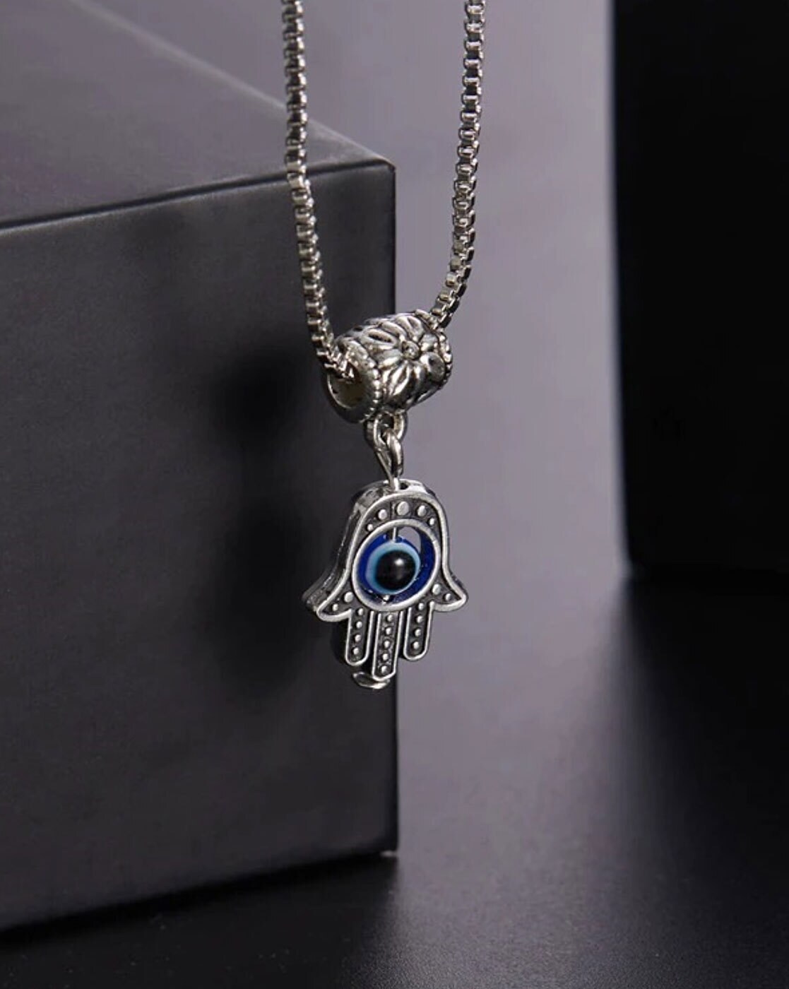 Silver Hamsa necklace, evil eye necklace - Moonli Designs