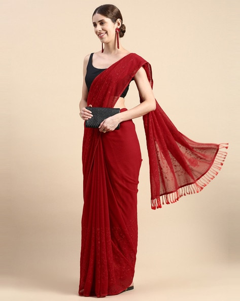 Indian Women Sheer-Through Saree with Tassels