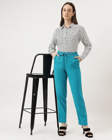 Buy AND Turquoise Solid Polyester Tapered Fit Women's Pants | Shoppers Stop