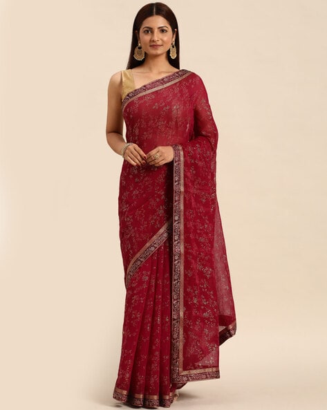 Hand Embroidered Art Silk Shimmer Saree in Maroon : SAR1638