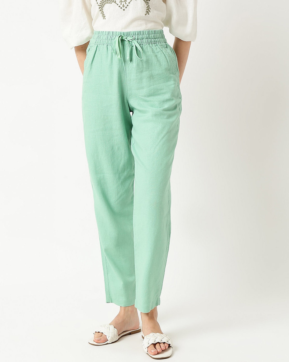 Slim Ankle Linen Trousers, Linen Pants High Waisted, Women Pants With Belt,  Tapered Linen Pants 