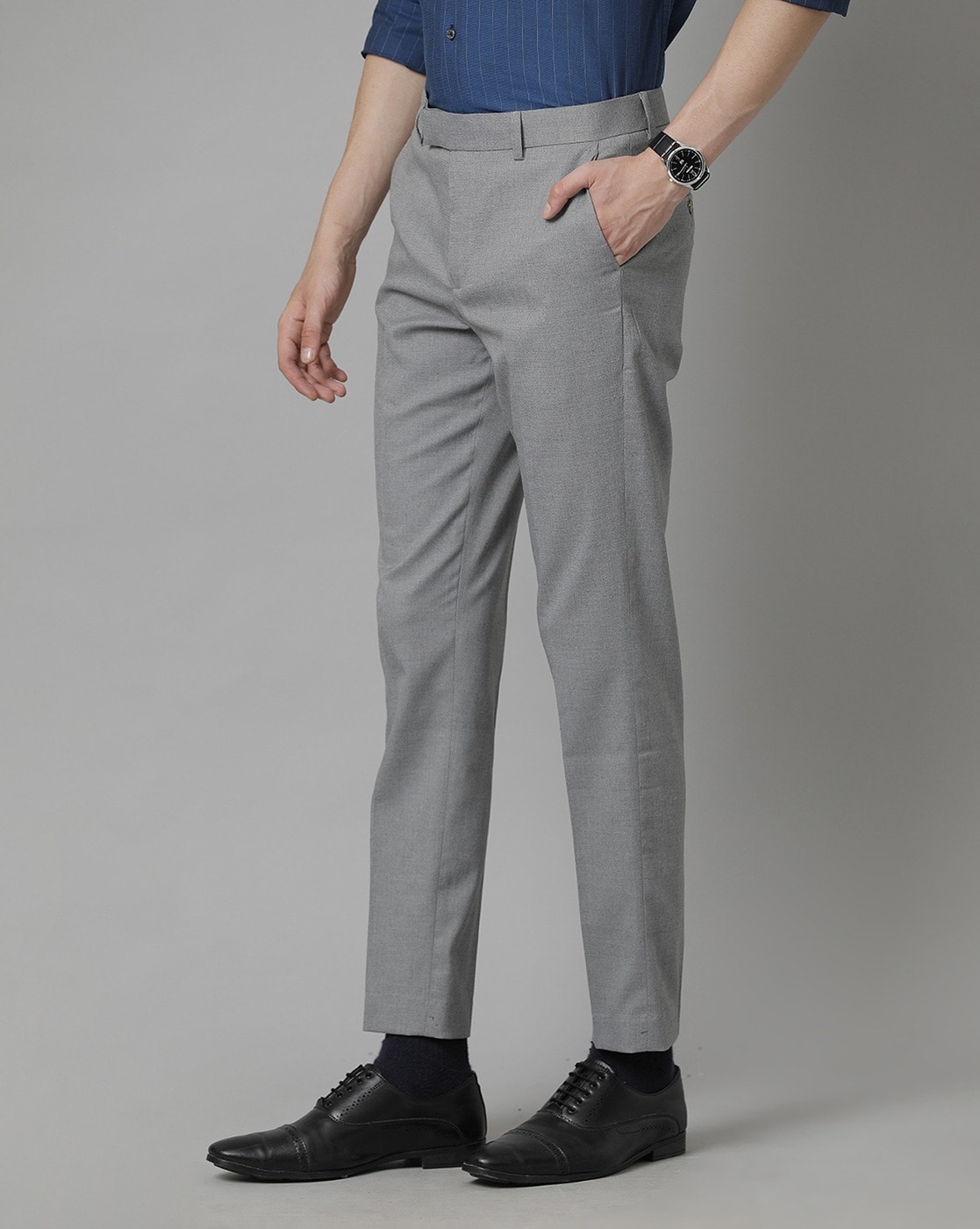 Buy Peter England Men Grey Check Super Slim Fit Formal Trousers online