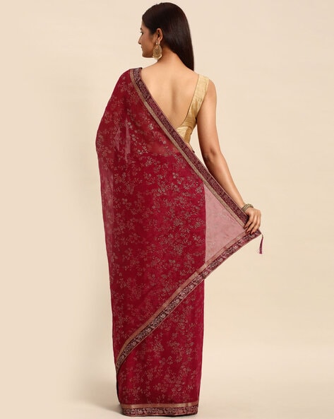 Maroon Red Silk Crepe Jaquard Border Showroom Uniform Sarees