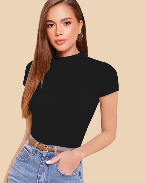 Woman Wearing Black Crew-neck Crop-top and Black High-waist Fitted