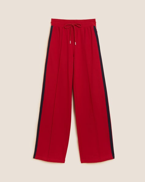 Women Red Side Button Track Pants