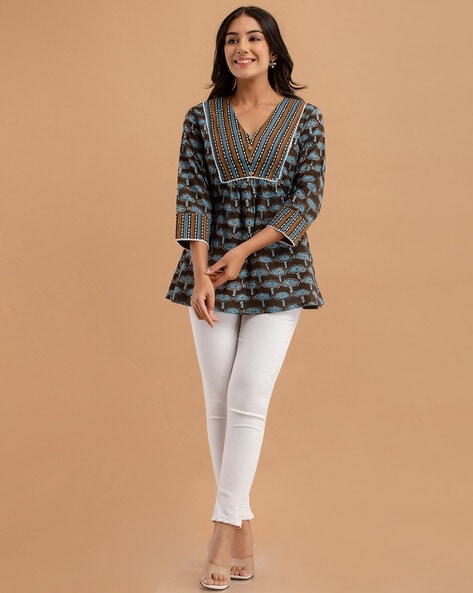 STYLE GANGA Women's Rayon Solid Printed Short Kurti/Tops (Blue-S) :  Amazon.in: Fashion