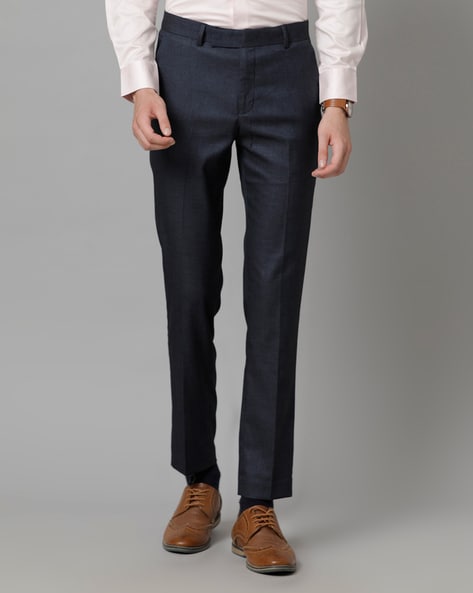 Buy Men Navy Check Slim Fit Formal Trousers Online - 623461 | Peter England