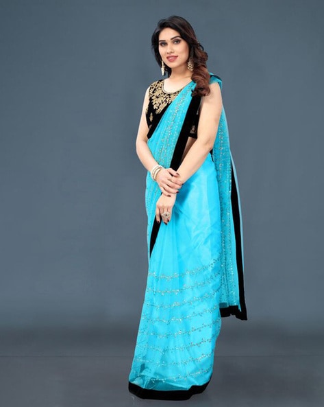 Buy Smoking Hot Sky blue Color Georgette Saree with Black Blouse online | Black  blouse designs, Saree wearing styles, Saree blouse designs latest