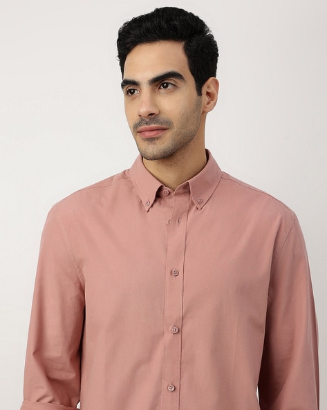 Casual Men Light Pink Plain Cotton Shirt, Full Sleeves