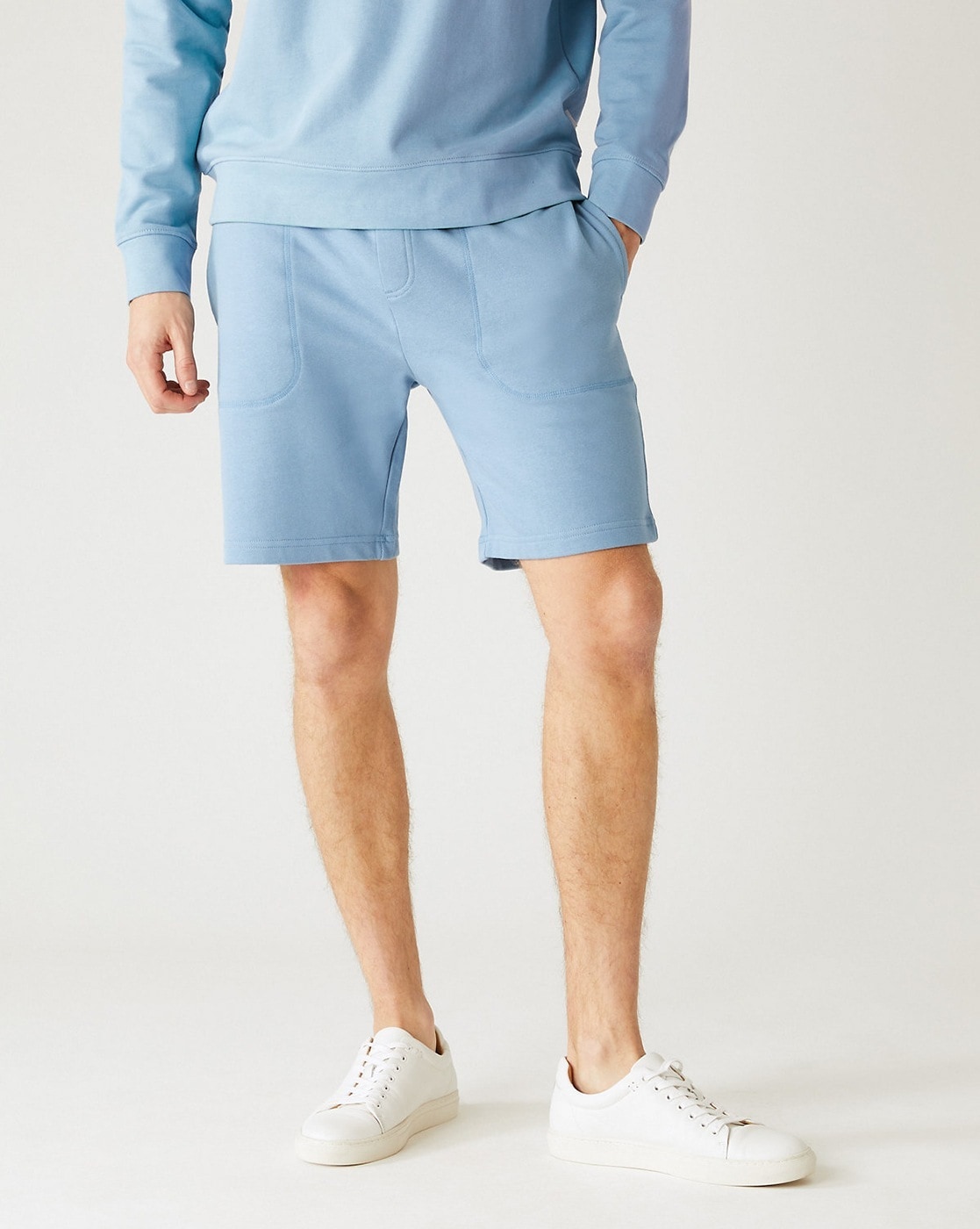 Light blue shorts outfit on sale mens