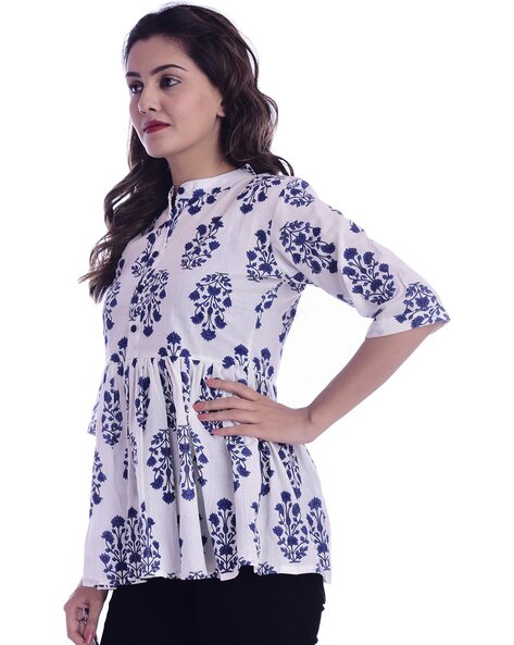 The Mini Needle Floral Printed Flared Short Kurta with Collar Neck