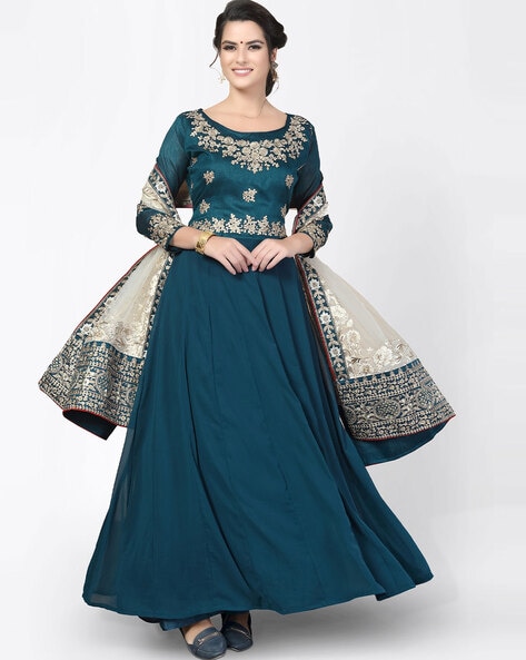 Net Machine Work Green Semi Stitched Long Anarkali Suit - A10021 | Anarkali  dress, Designer anarkali dresses, Indian dresses