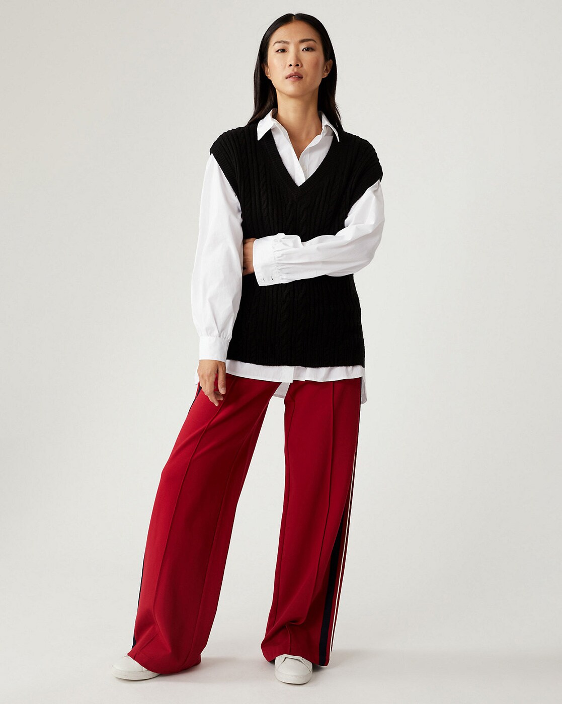 Pants with red store side stripe