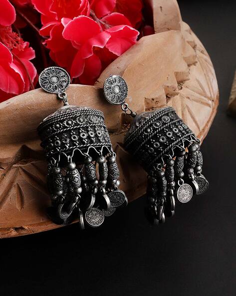 Charming Black Metal Pearl Hanging Jhumkas  South India Jewels