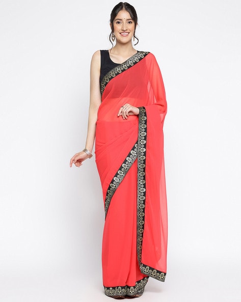 Buy I SHREE KHODIYAR CREATION women's Peach Orange Georgette Ruffle saree  with Blouse piece(Black Border) at Amazon.in