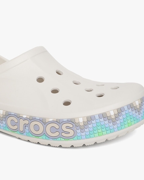 White crocs deals with rainbow letters