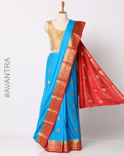 Royal Blue Mysore Silk Saree with Plain Body and Mango Zari border.  Includes Unstitched Blouse. Shop onl… | Silk saree kanchipuram, Mysore silk  saree, Indian sarees