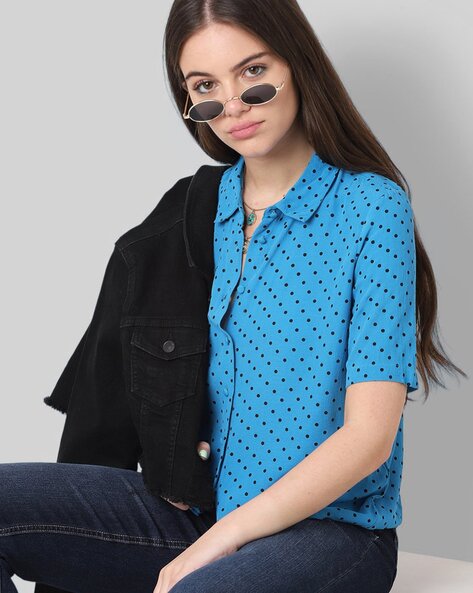 Unique Bargains Women's Polka Dots Long Sleeve Button Down Contrast Color  Shirt XL Blue Gray - Walmart.com