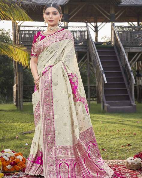 Bridal Pink Banarasi Woven Satin Silk Saree – Zari Banaras