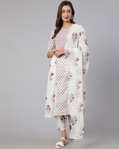 Buy Jaipur Kurti White & Peach Straight Fit Cotton Embroidered Kurta online