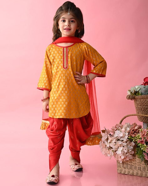 Grey And Red Silk Patola Top With Dhoti Pants