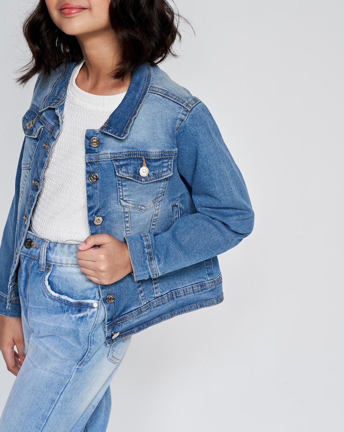 Beautiful stylish girl in denim jacket, checkered red shirt and blue jeans  Stock Photo - Alamy