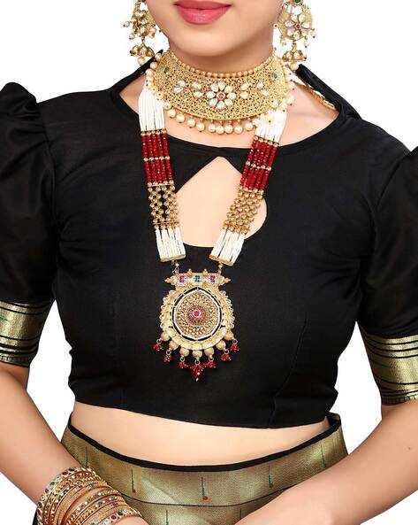 Buy Gold-Plated Green Kundan-Studded Choker With Earrings - Ruby Raang  Online at Best Price | Distacart