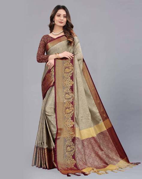 Buy Beige and Maroon Color Art Silk Saree with Blouse at Amazon.in