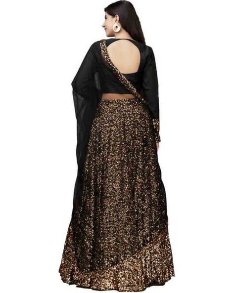 Buy Women Black And Gold Sequin And Zari Embroidered Lehenga Set With Blouse  And Dupatta - Leheng & Skirt - Indya