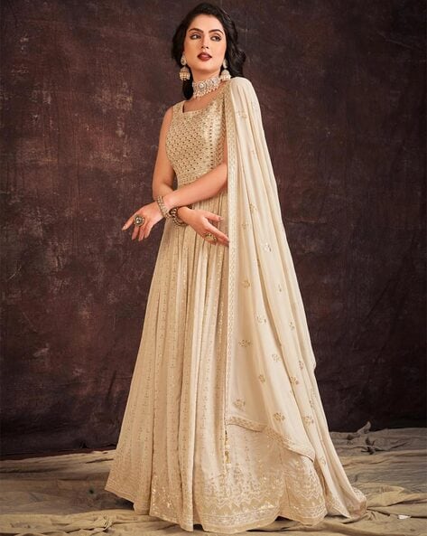 Soft Butter Net Party Wear Readymade Gown In Cream With Embroidery & Stone  Work - Plus Size Gown - Plus Size Product