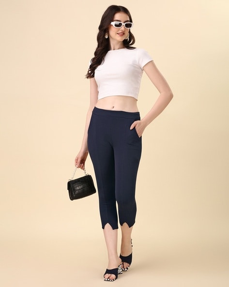 Buy Wills Lifestyle Women Navy Skinny Fit Striped Formal Trousers - Trousers  for Women 2013614 | Myntra