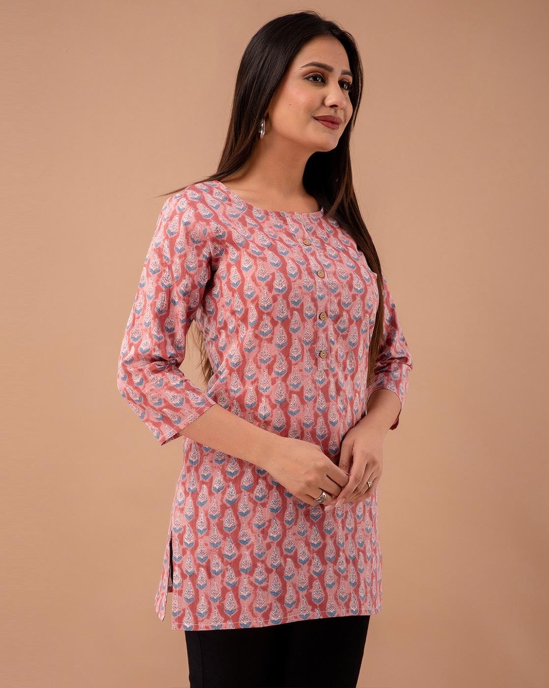 Buy Women's block printed side keyhole neck kurti with plain palazzo  (Large, Blue) at Amazon.in