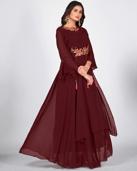 Buy Casual Wear Maroon Foil Printed Work Rayon Gown Online From Surat  Wholesale Shop.