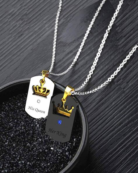 Her King His Queen Silver Titanium Necklaces for Couples Engraved Tags –  GardeniaJewel