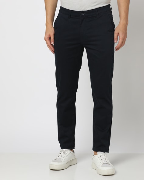 BASICS Casual Trousers  Buy BASICS Casual Self Navy Cotton Polyester  Stretch Tapered Trousers Online  Nykaa Fashion