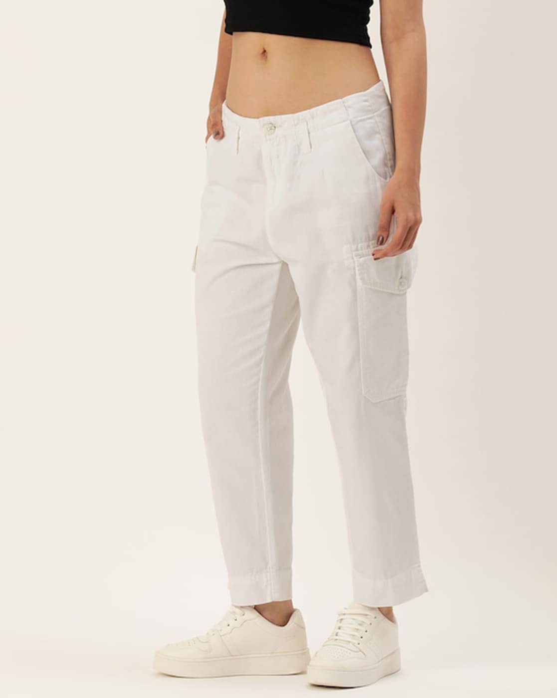 NWT Bershka Womens Cargo Pants Size 00 Medium Rise Straight Leg Pockets  WHITE | eBay